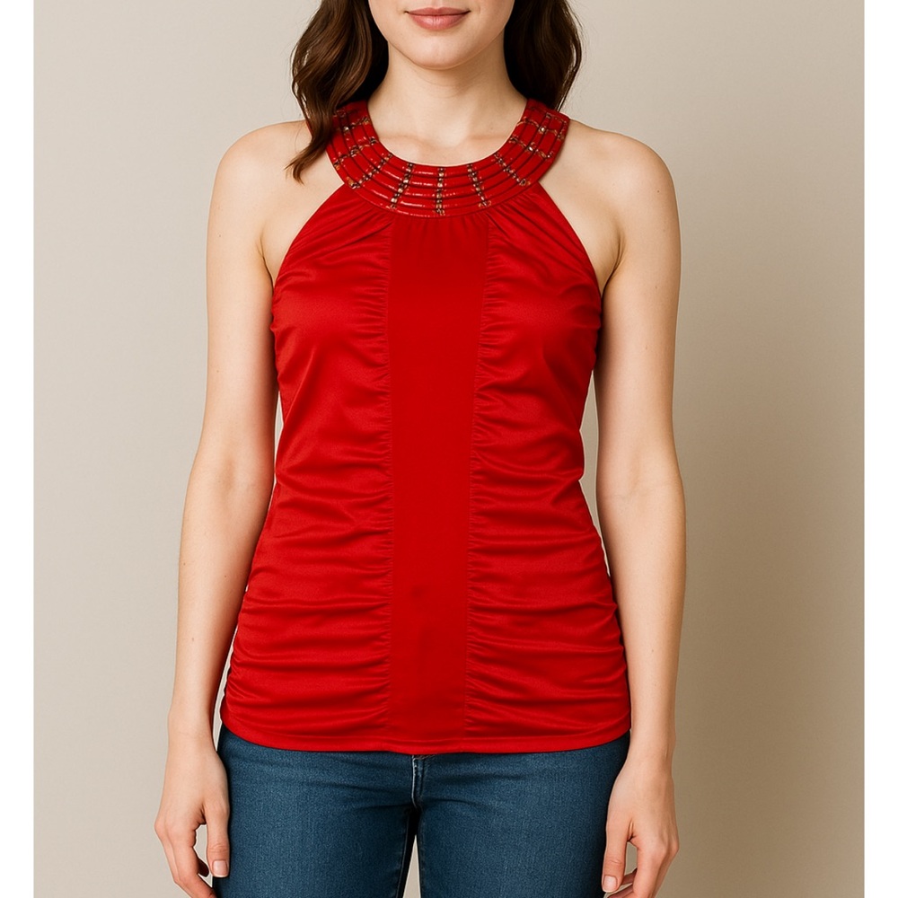 Red Faux Leather Embellished Halter Top Blouse